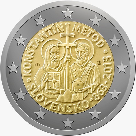 Slovaquie: la nouvelle pièce de deux euros avec les saints Cyrille et Méthode sans auréole et sans croix ?
