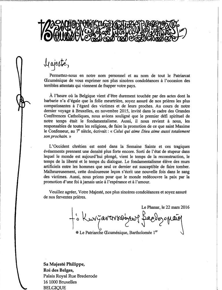 La lettre de condoléances adressée par le patriarche oecuménique Bartholomée au roi des Belges