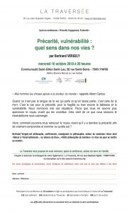 Bertrand Vergely : « Précarité, vulnérabilité : quel sens dans nos vies ? » – 10 octobre 2018 Bertrand Vergely : « Précarité, vulnérabilité : quel sens dans nos vies ? » – 10 octobre 2018