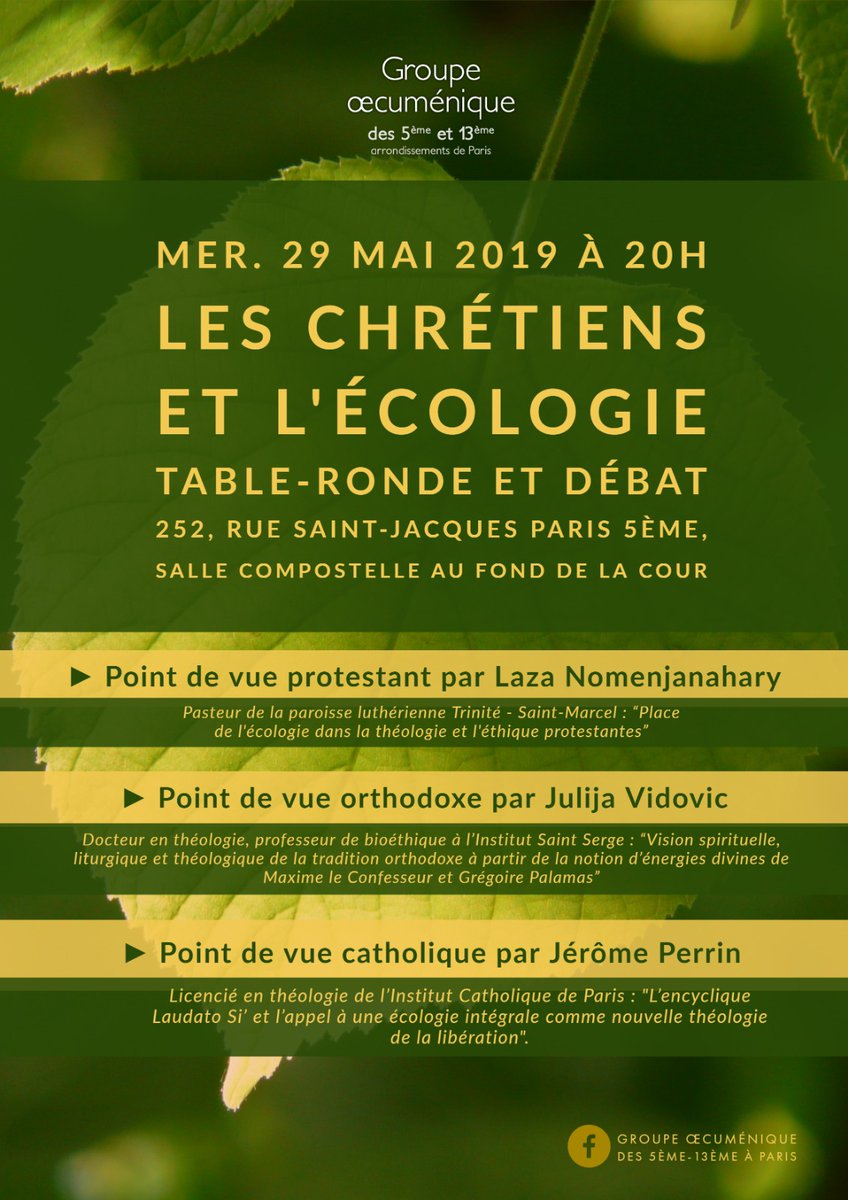“Les chrétiens et l’écologie”, table-ronde et débat à Paris le 29 mai