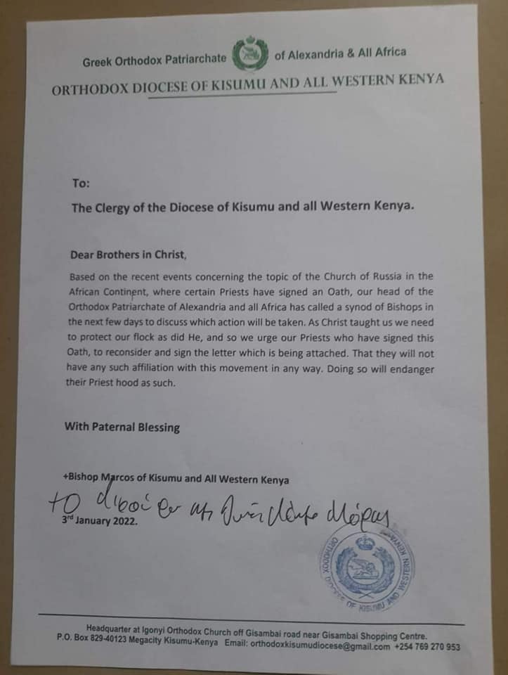 L’évêque du diocèse du kenya occidental exhorte ses prêtres à renoncer à rejoindre l’Église orthodoxe russe
