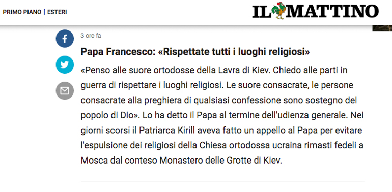 Le pape François s’est exprimé sur la situation à la Laure de Kiev