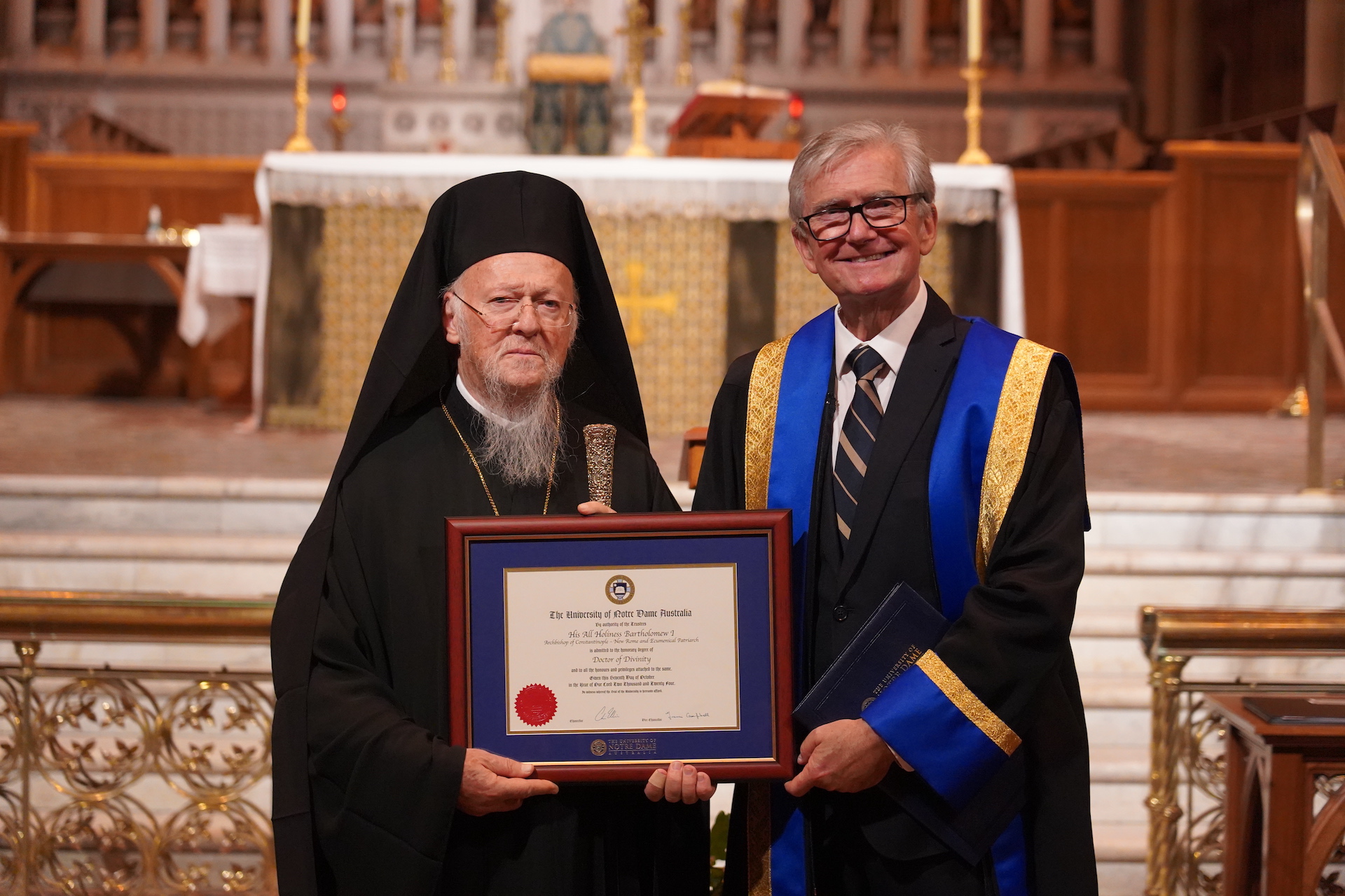 Discours du Patriarche Bartholomée à l’occasion de sa réception du doctorat honoris causa de l’Université catholique Notre-Dame de Sydney